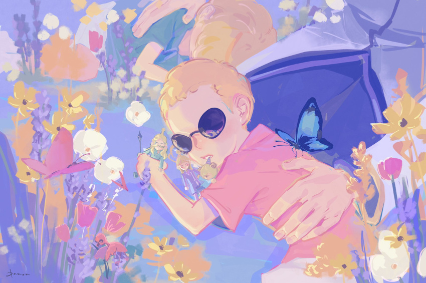 1girl, 2boys, aged_down, blonde_hair, blue_butterfly, blue_skirt, brothers, bug