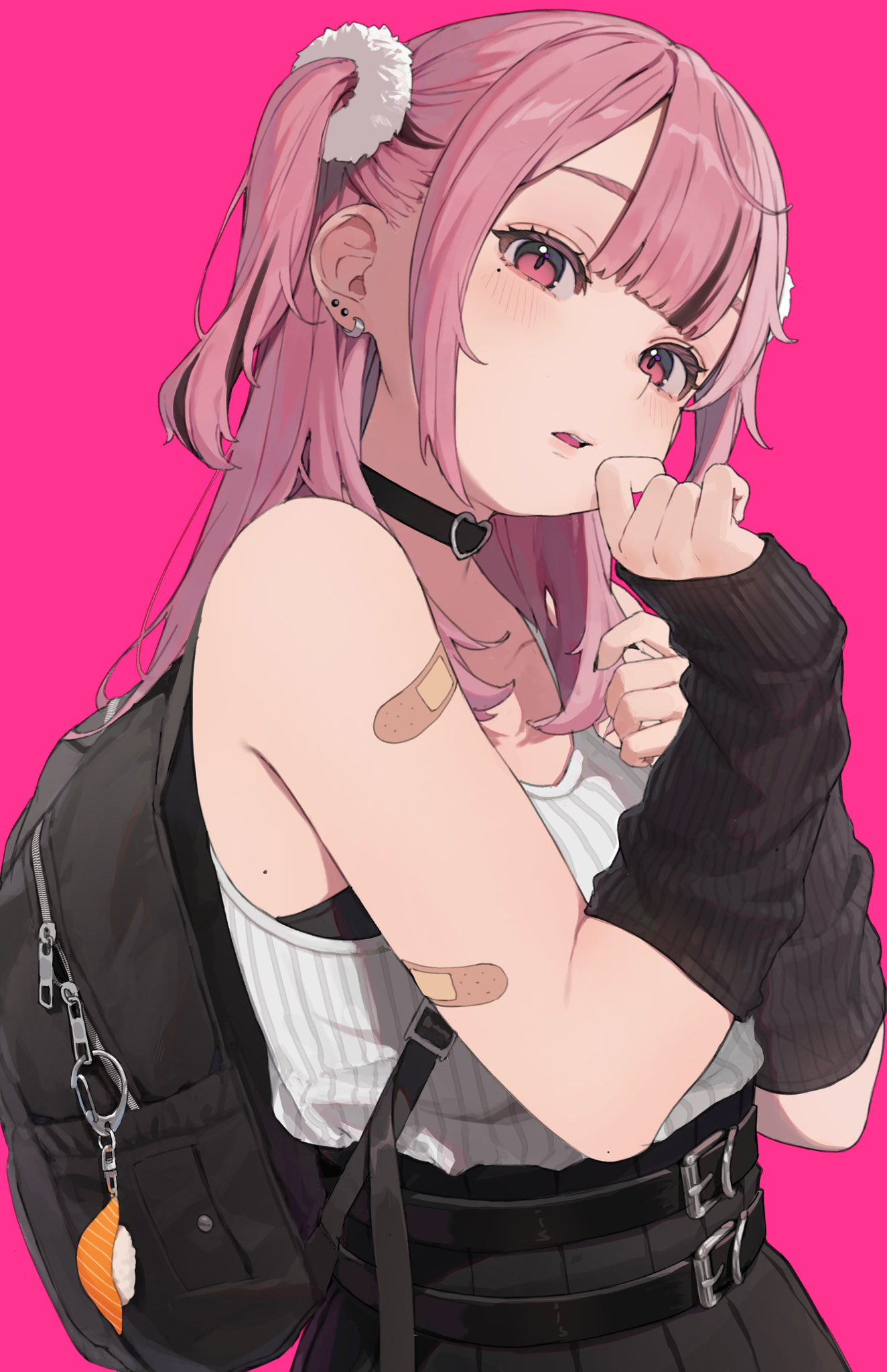 1girl, arm_warmers, backpack, bag, bag_charm, bandaid, bandaid_on_arm, belt