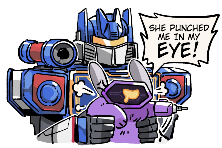 2boys, animal_ears, assault_visor, chibi, highres, kaite_xyxy, looking_at_viewer, machinery, mecha, multiple_boys, no_humans, rabbit_ears, robot, science_fiction, shockwave_(transformers), soundwave_(transformers), tears, transformers, transformers_one