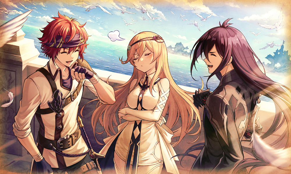 1girl, 2boys, agatha_(dare_ga_tame_no_alchemist), belt, bird, black_coat, black_hair, black_shirt