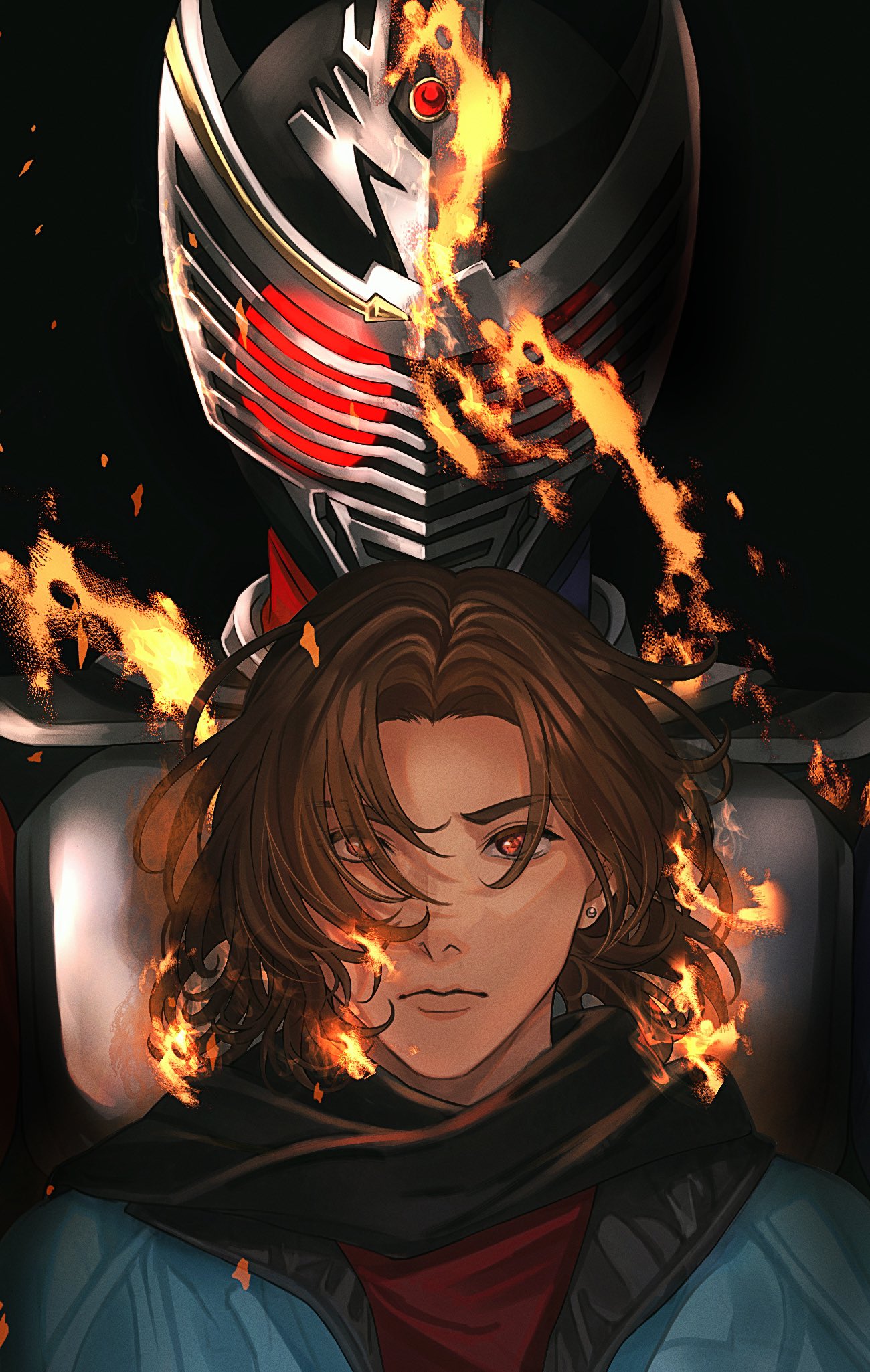1boy, armor, black_background, black_helmet, black_scarf, blue_jacket, breastplate, brown_hair