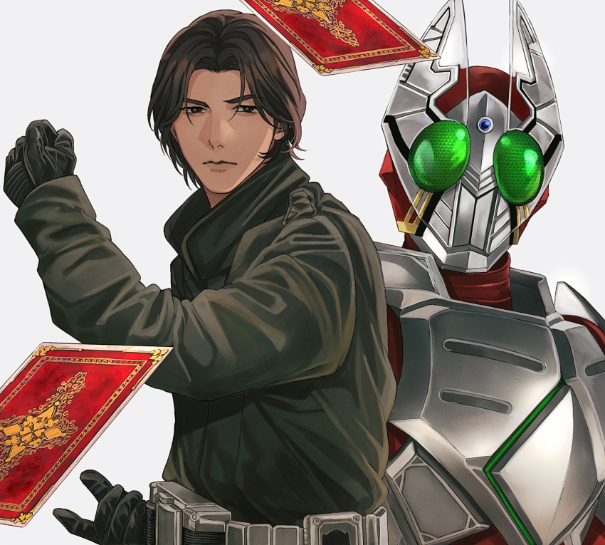 1boy, armor, belt, black_gloves, blue_gemstone, breastplate, brown_hair, card