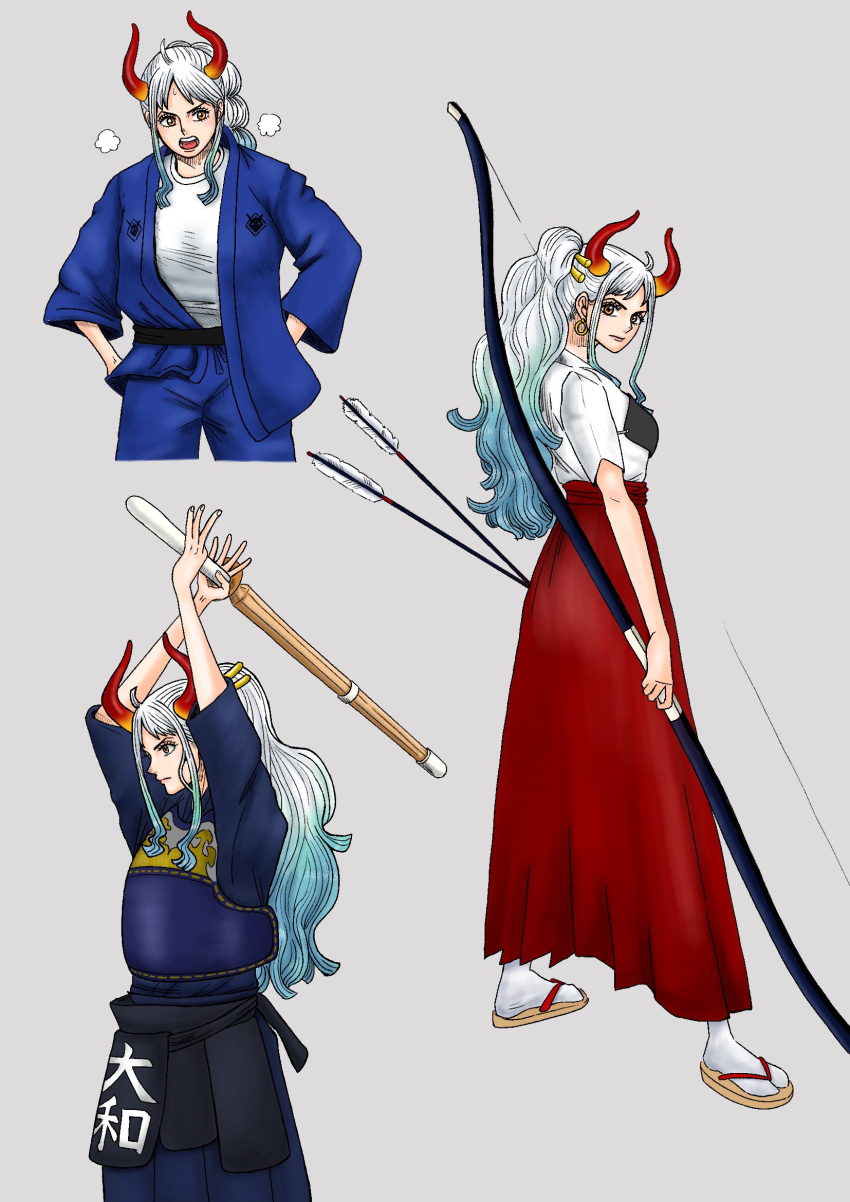 1girl, aqua_hair, arms_up, arrow_(projectile), blue_kimono, bougu, bow_(weapon), couchpotato_op