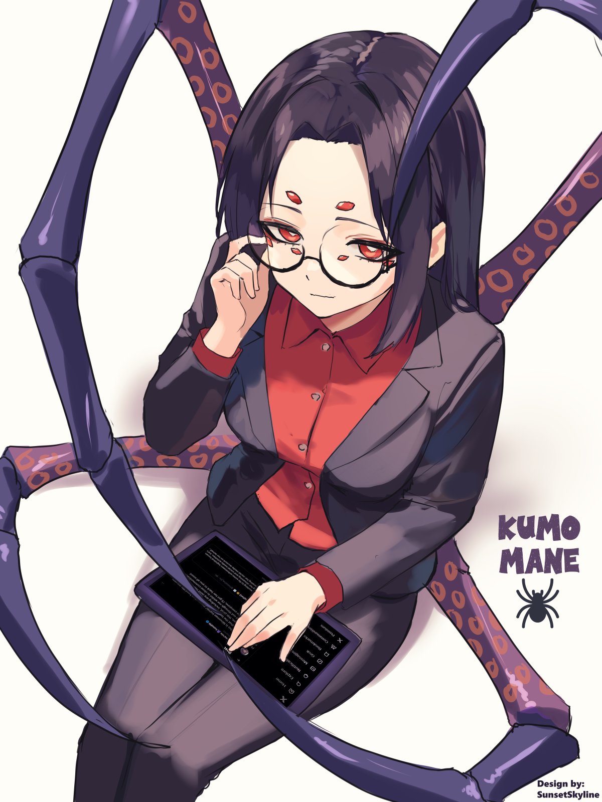 arthropod_girl, arthropod_limbs, black_hair, bug, business_suit, extra_arms, extra_eyes, formal