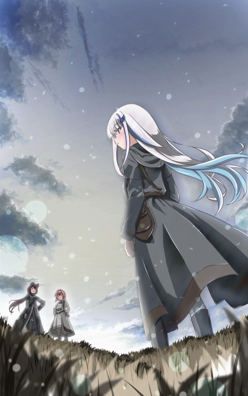 3girls, absurdres, ange_katrina, animal_ears, belt, belt_pouch, blue_eyes, blue_hair