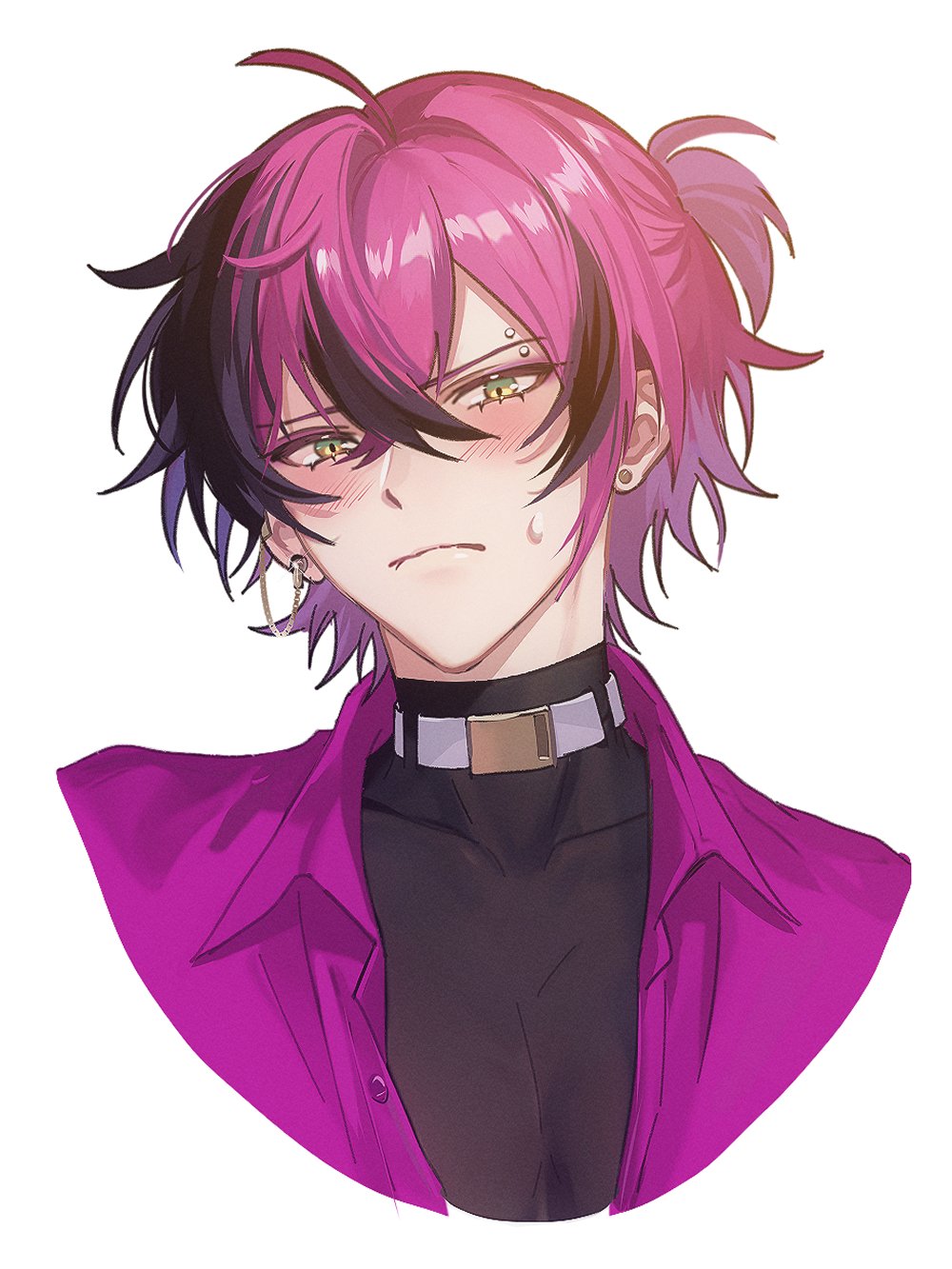 1boy, belt, belt_buckle, belt_collar, blush, buckle, closed_mouth, collar