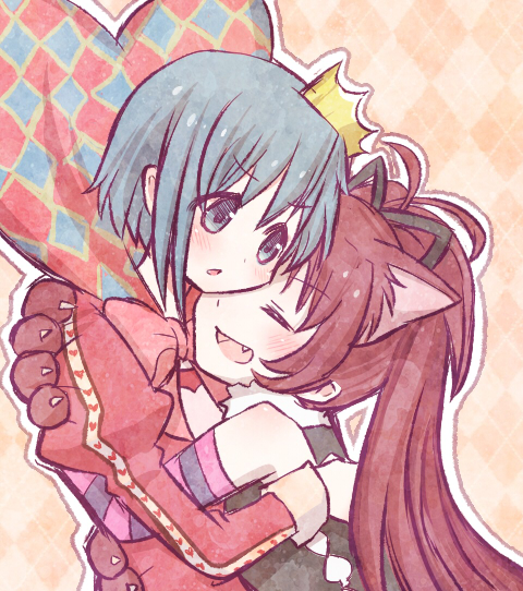 2girls, animal_ears, animal_hands, annoyed, antenna_hair, argyle_background, aroze, black_ribbon