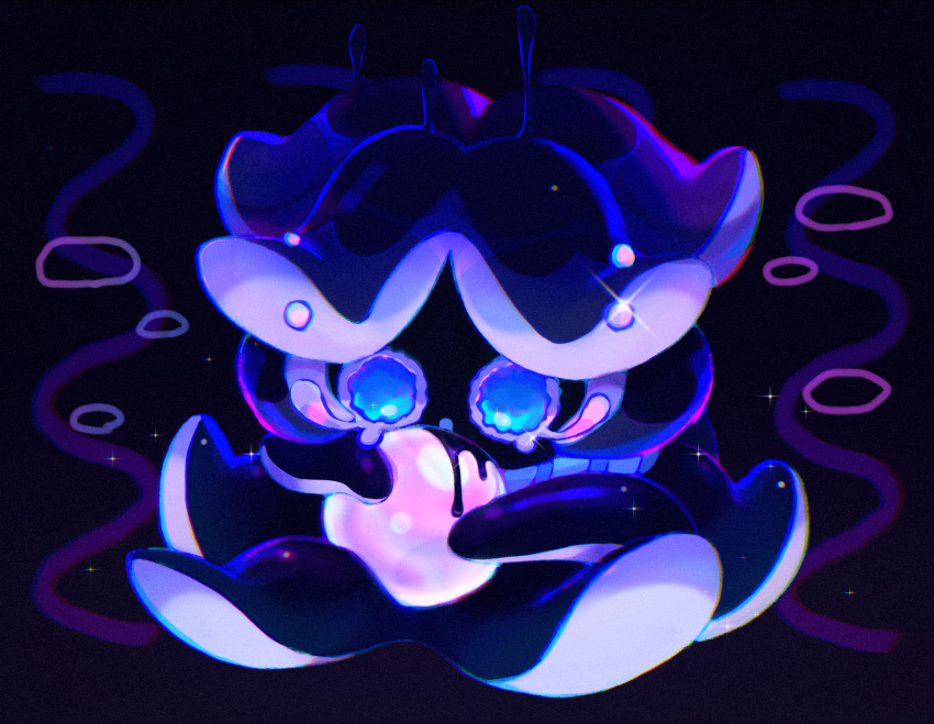1other, :o, air_bubble, akibevillage, black_background, black_skin, blue_eyes, bubble, colored_skin, cookie_run, full_body, highres, holding, ink, looking_at_object, open_mouth, other_focus, solo, squid_ink_cookie, tears, tentacles