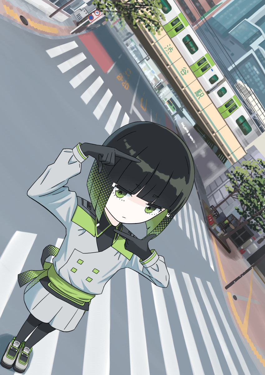 1girl, absurdres, black_gloves, black_hair, borrowed_character, bow, bowtie, collared_shirt, east_japan_railway_company, gloves, gradient_bow, gradient_hair, green_bow, green_bowtie, green_eyes, green_hair, grey_shorts, highres, jr_east_e235_series, lamppost, looking_at_viewer, multicolored_bow, multicolored_hair, multiple_unit_train, original, pantyhose, personification, road, road_sign, shirt, shoes, short_hair, shorts, sign, street, train, veronal_oisiiyo