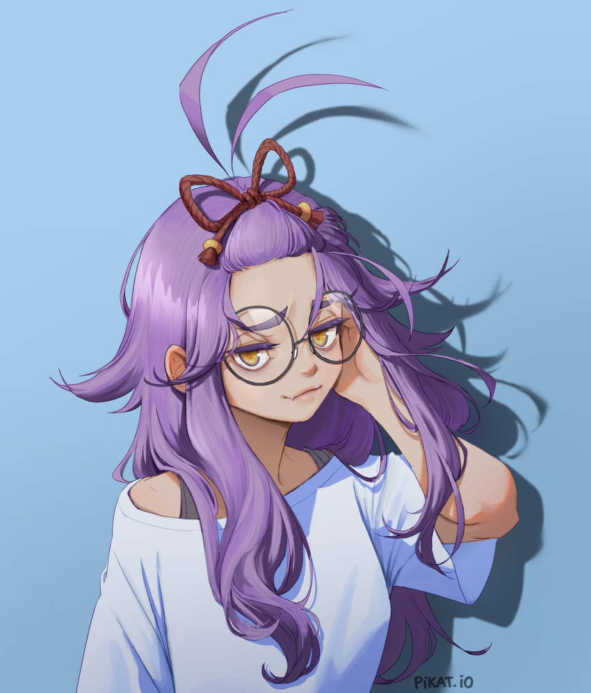 1girl, absurdres, antenna_hair, artist_name, artist_self-insert, bangs_pinned_back, blue_background, breasts