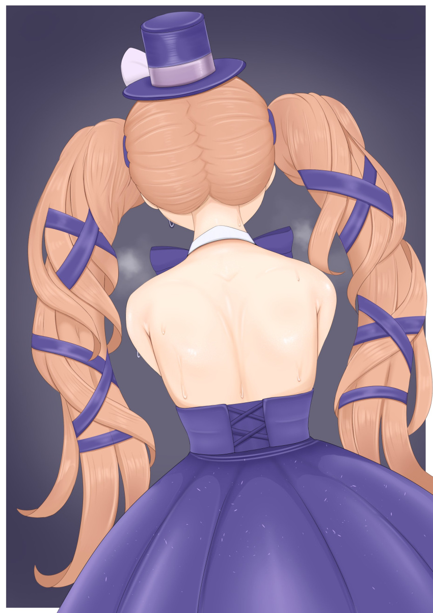 1girl, absurdres, back, back_focus, backless_dress, backless_outfit, bare_back, bare_shoulders, brown_hair, dress, from_behind, goddess_of_victory:_nikke, grey_background, hair_ribbon, hat, highres, long_hair, mini_hat, mini_top_hat, miranda_(nikke), miranda_(thief_of_justice)_(nikke), pongon, purple_dress, purple_hat, purple_ribbon, ribbon, simple_background, solo, steaming_body, sweat, sweatdrop, top_hat, twintails, upper_body