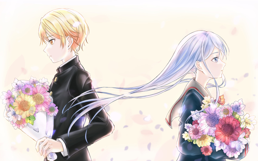 1boy, 1girl, anne_(violin25iori), black_jacket, blonde_hair, blue_eyes, bouquet, collared_shirt, commentary_request, expressionless, falling_petals, flower, from_side, gakuran, grey_hair, grey_sailor_collar, holding, holding_bouquet, jacket, parted_lips, petals, pink_flower, project_sekai, purple_flower, red_flower, sailor_collar, school_uniform, shirt, tenma_tsukasa, white_shirt, yellow_eyes, yellow_flower, yoisaki_kanade