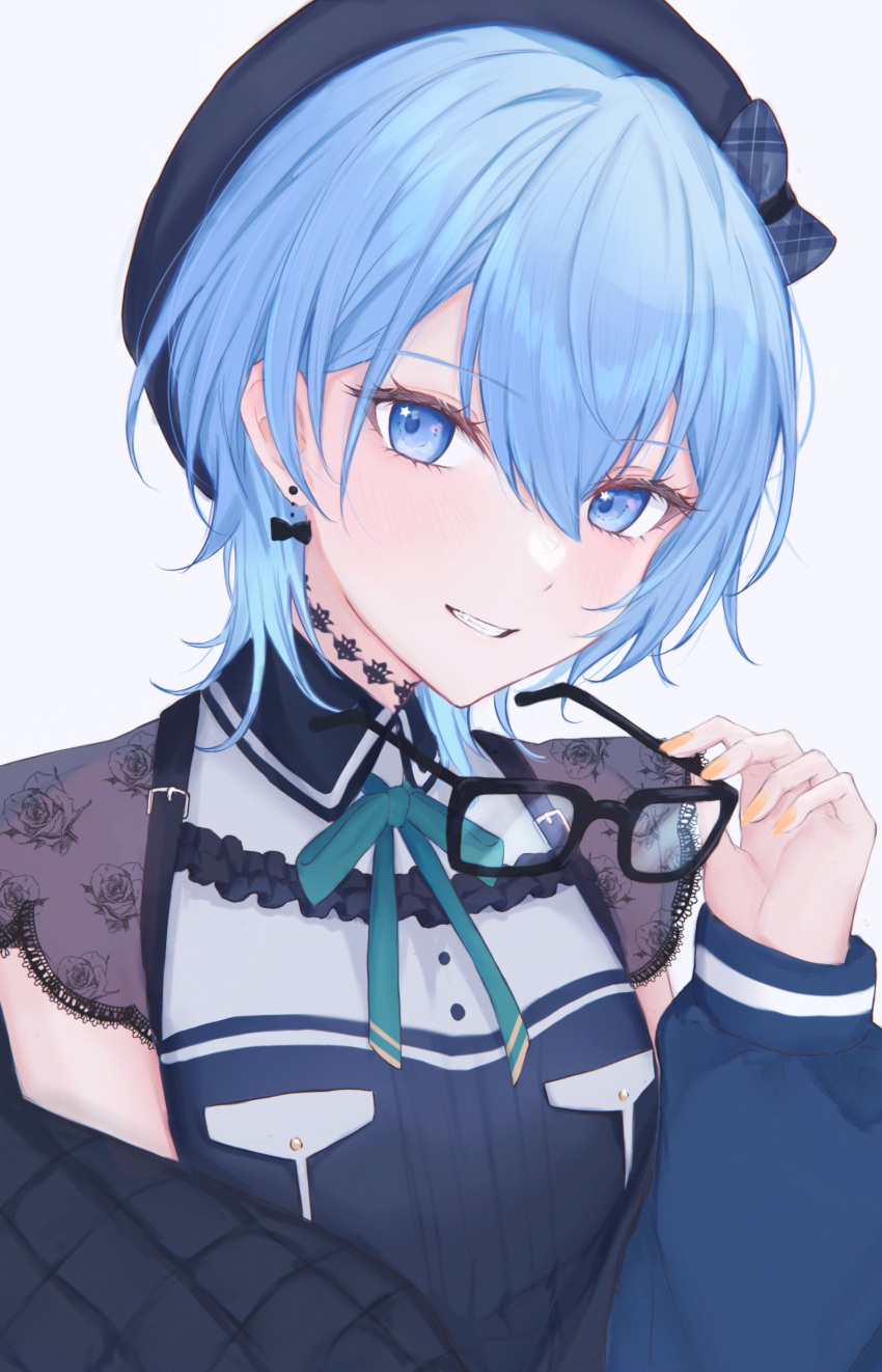 1girl, absurdres, beret, black-framed_eyewear, blue_eyes, blue_hair, choker, collared_shirt
