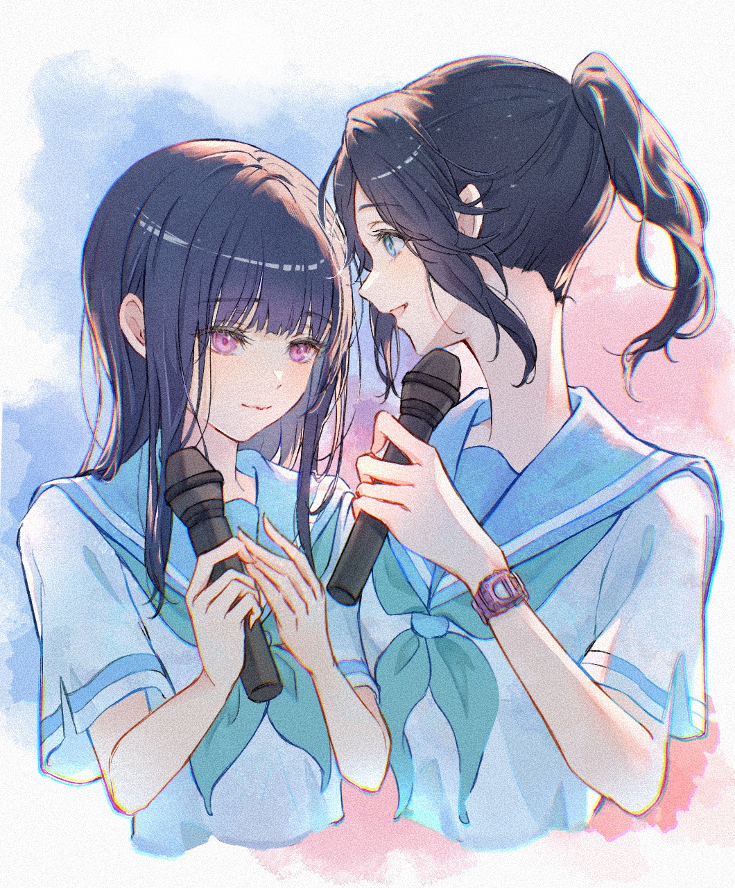 2girls, anne_(violin25iori), black_hair, blue_eyes, blue_sailor_collar, blunt_bangs, blush, brown_hair, cropped_torso, green_neckerchief, hibike!_euphonium, highres, holding, holding_microphone, kasaki_nozomi, kitauji_high_school_uniform, light_smile, liz_to_aoi_tori, long_hair, microphone, multiple_girls, neckerchief, open_mouth, ponytail, sailor_collar, school_uniform, shirt, sidelocks, sleeve_slit, smile, upper_body, violet_eyes, watch, watch, white_shirt, yoroizuka_mizore