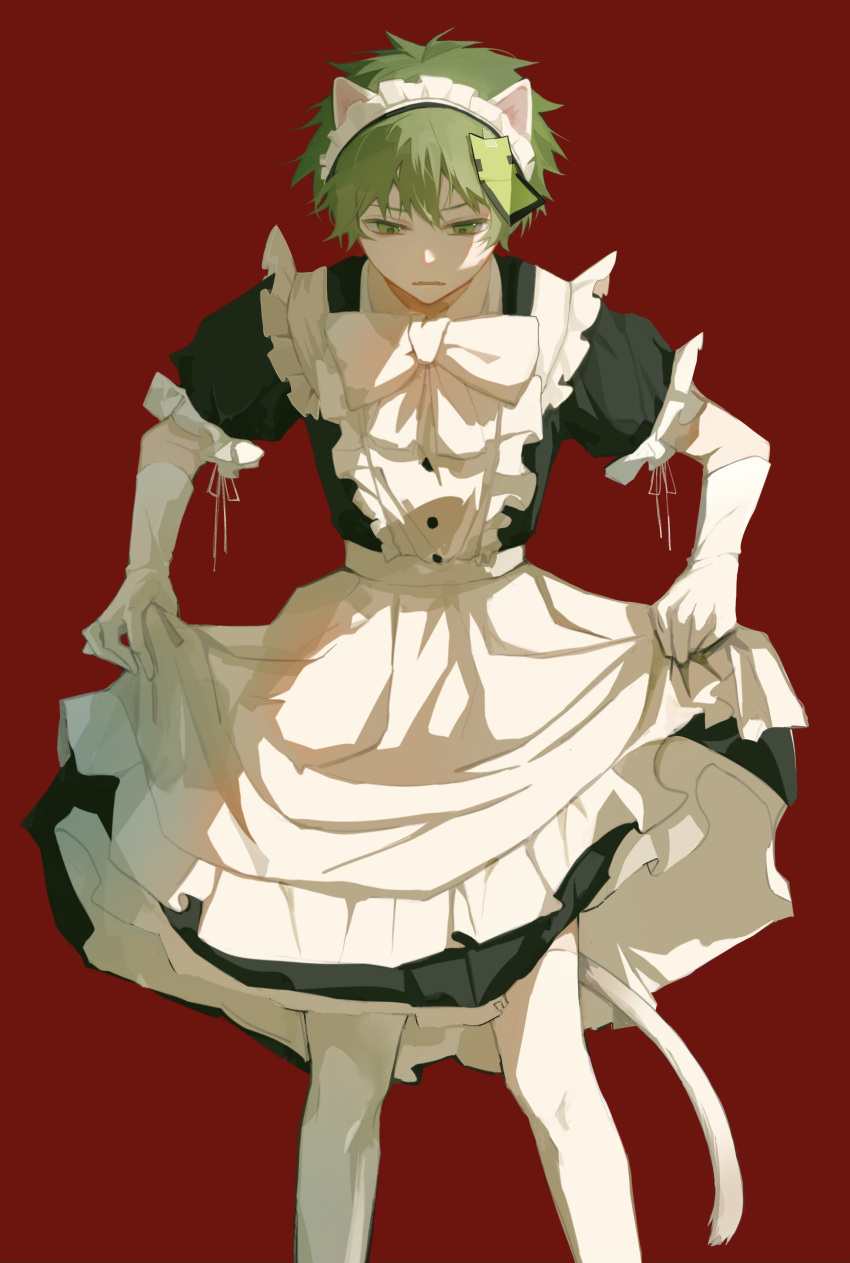 1boy, absurdres, alternate_costume, animal_ears, animification, apron, black_dress, bow