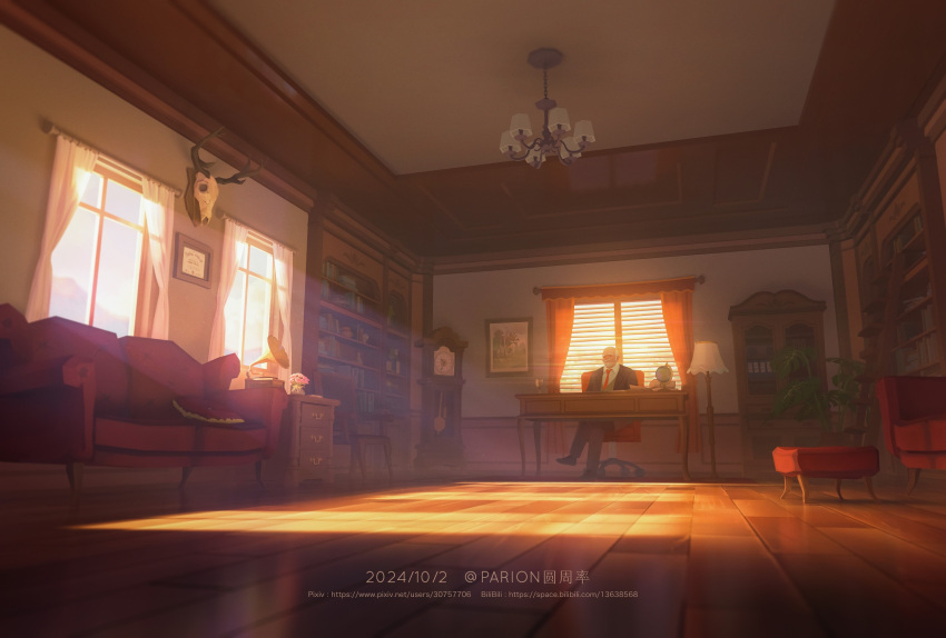 1boy, animal_skull, artist_name, bookshelf, cabinet, chair, clock, couch