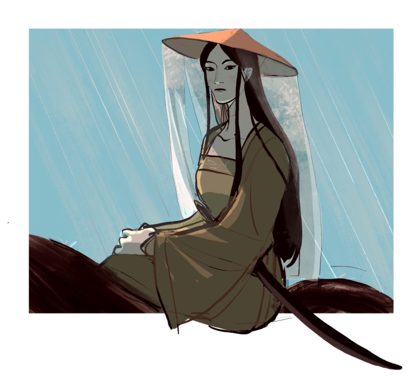 1girl, black_eyes, black_hair, blue_background, border, chinese_clothes, closed_mouth, collarbone