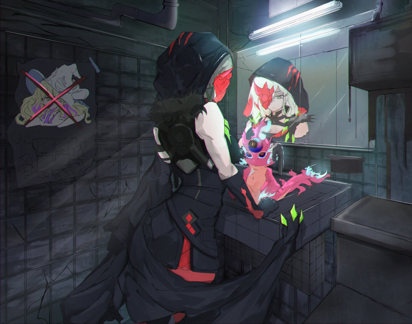 1girl, artistic_error, bare_shoulders, black_dress, black_hood, breasts, diabellstar_the_black_witch, diabellze_the_original_sinkeeper, different_reflection, dress, duel_monster, green_hair, grey_hair, half_mask, highres, hood, hood_up, indoors, large_breasts, looking_at_another, mask, medium_hair, mirror, red_mask, redhead, reflection, sink, snake-eyes_poplar, uragawai, yu-gi-oh!