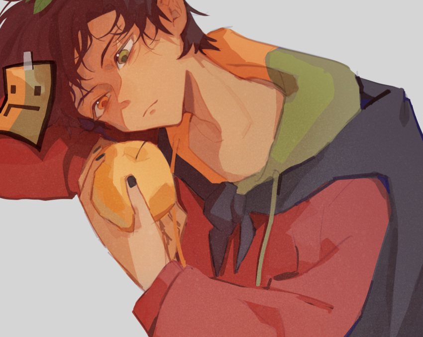 1boy, animification, apple, black_cape, black_nails, brown_hair, cape, commentary