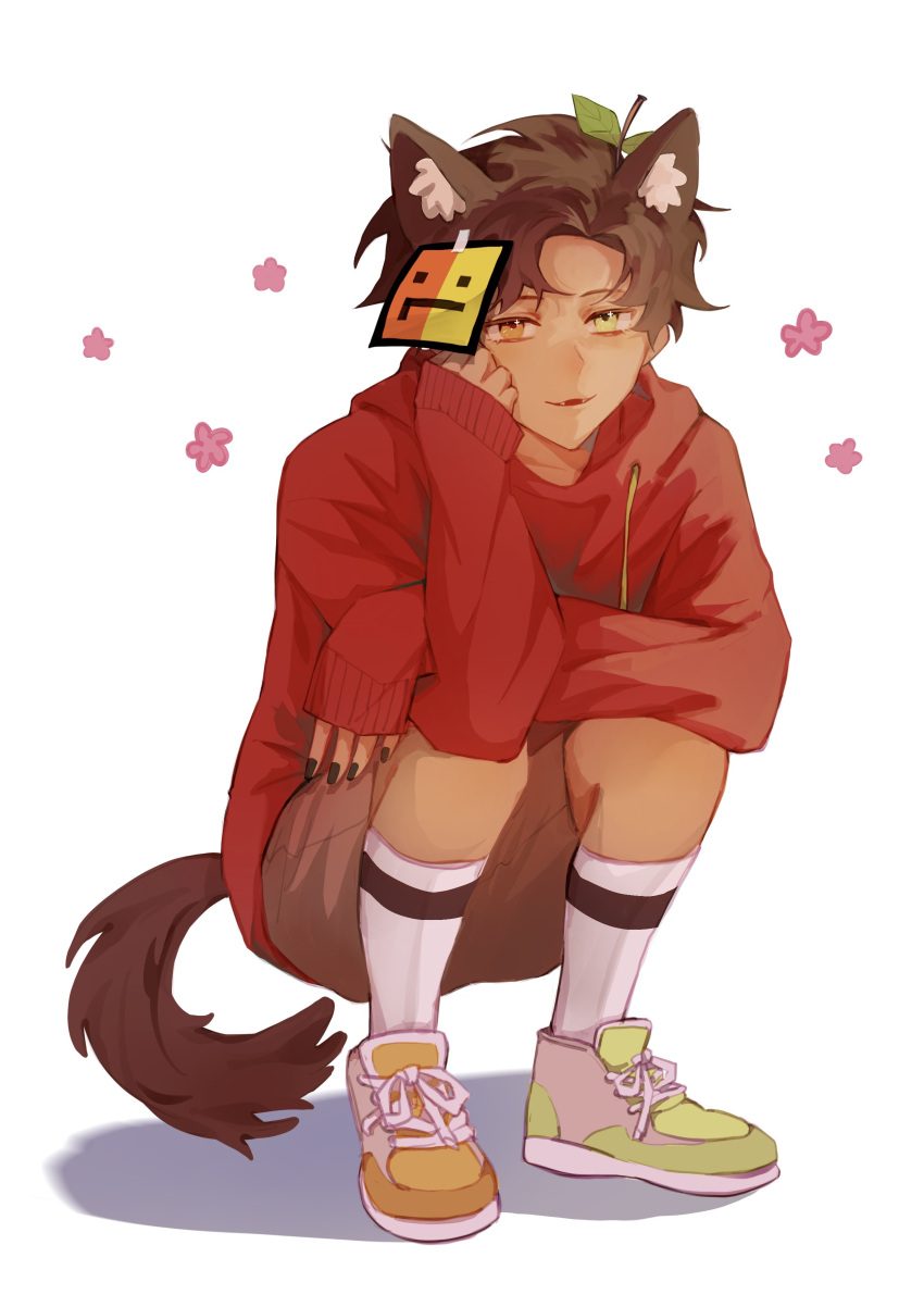 1boy, absurdres, animal_ears, animification, asymmetrical_footwear, bishounen, black_nails, brown_hair