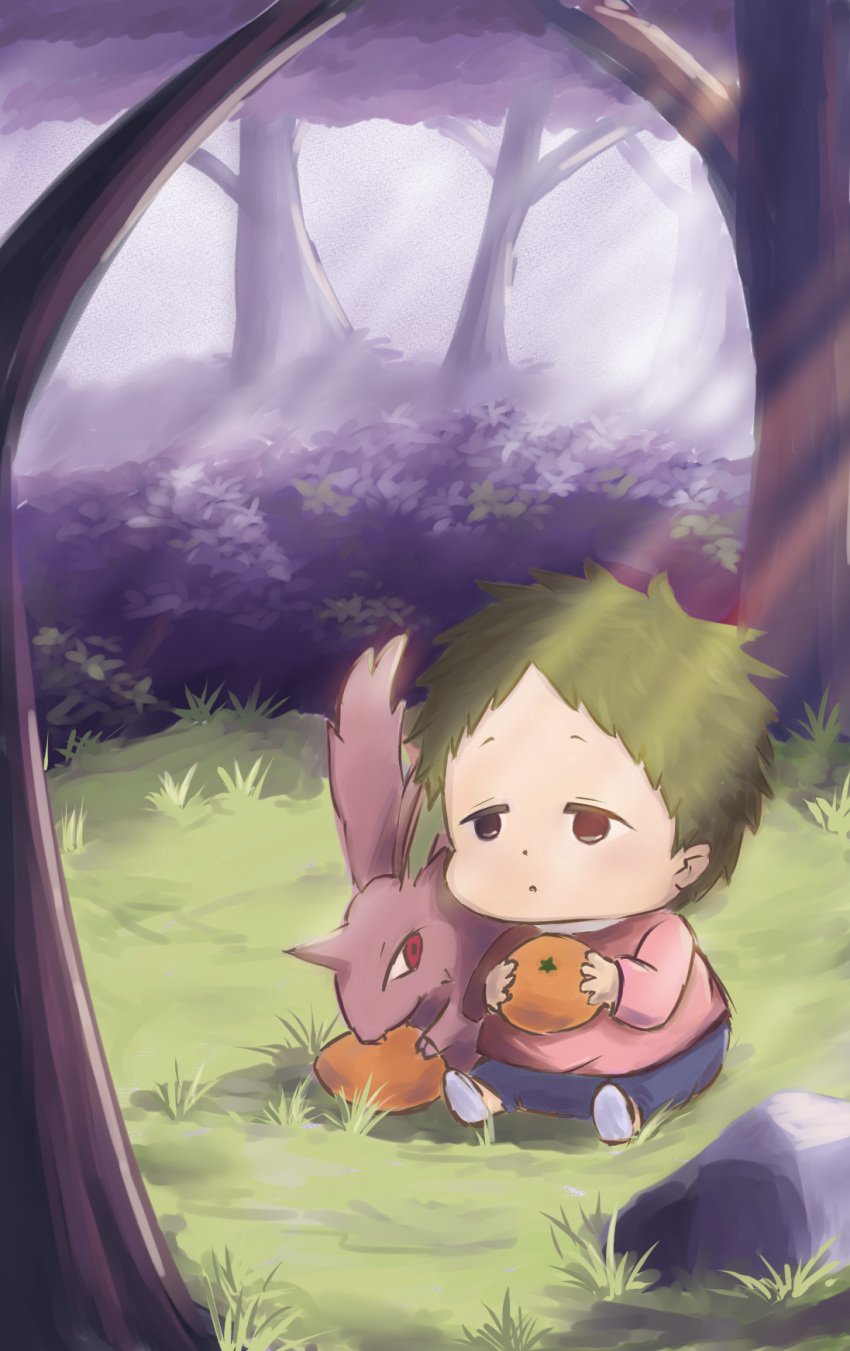 1boy, child, day, english_commentary, gakuen_babysitters, grass, green_hair, highres