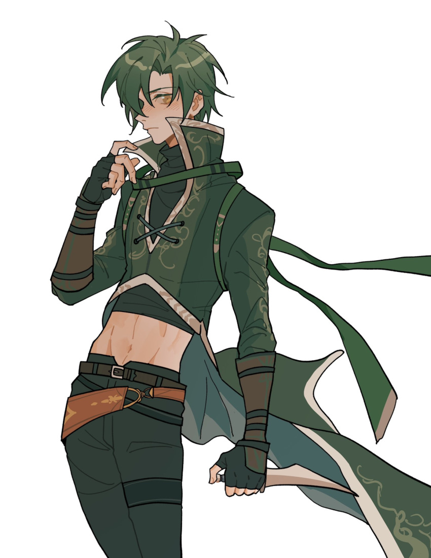 commentary, cowboy_shot, crop_top, dagger, fingerless_gloves, fire_emblem, fire_emblem:_radiant_dawn, fire_emblem_heroes