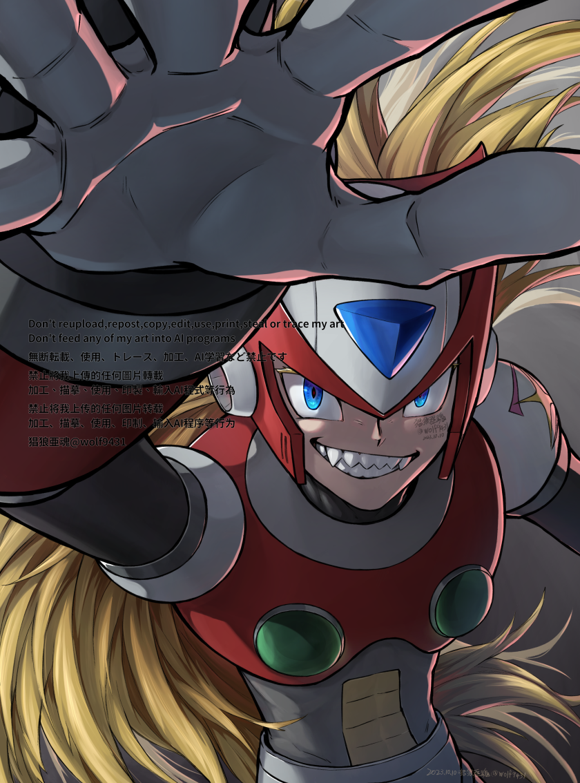 1boy, android, armor, blonde_hair, blue_eyes, chest_jewel, credits, evil_smile, forehead_jewel, helmet, long_hair, looking_at_viewer, male_focus, mega_man_(series), mega_man_x1, mega_man_x_(series), red_armor, red_helmet, smile, solo, twitter_username, wolf9431, zero_(mega_man)
