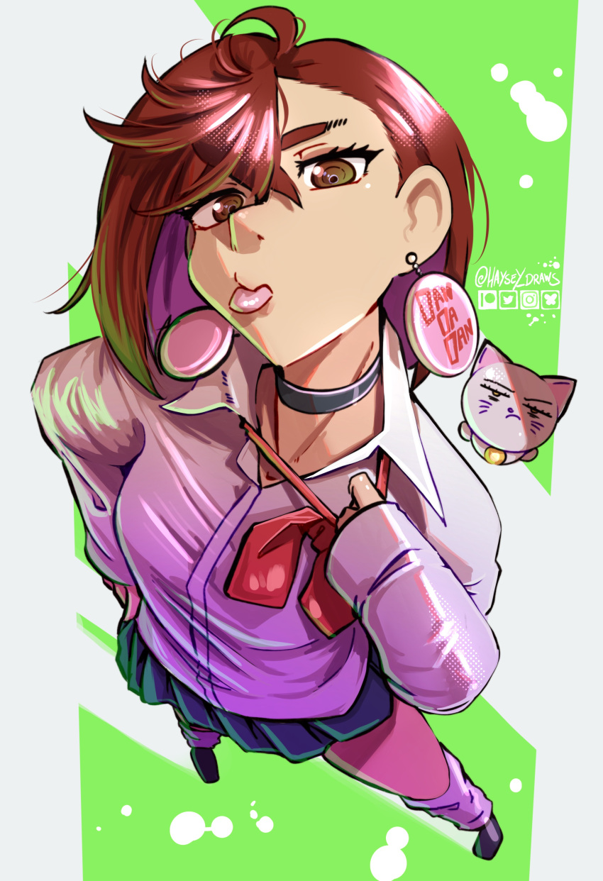 1girl, absurdres, ayase_momo, black_choker, blue_skirt, bow, bow_pull, brown_eyes, brown_hair, cat, choker, dandadan, from_above, haysey, highres, leg_warmers, red_bow, shirt, skirt, solo, standing, tongue, tongue_out, white_leg_warmers, white_shirt