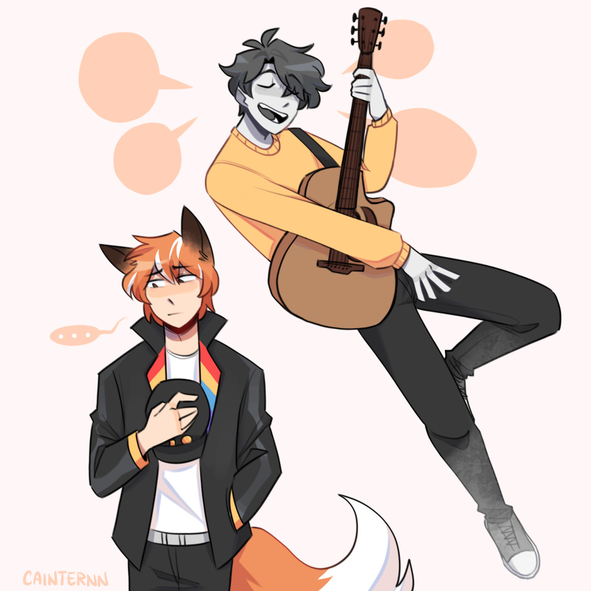 ..., 2boys, animal_ears, artist_name, black_jacket, black_pants, cainternn, closed_eyes