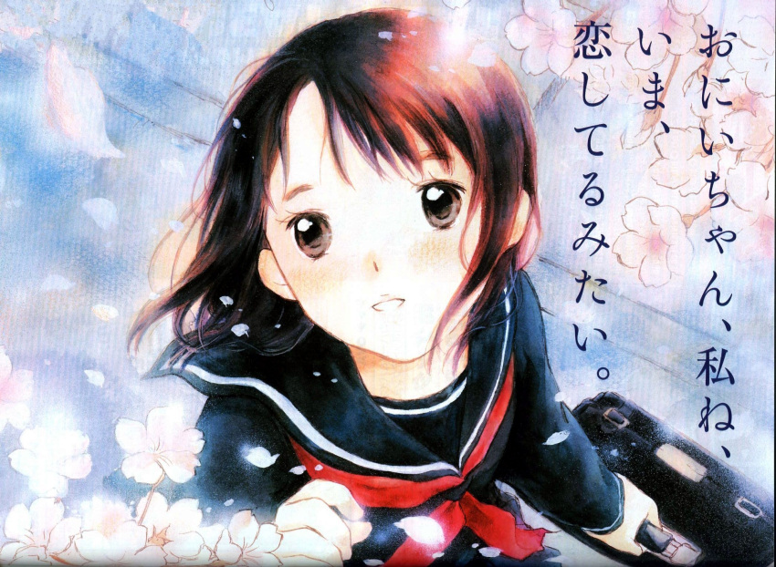 1girl, bag, black_eyes, black_hair, black_shirt, cherry_blossoms, falling_petals, flat_chest