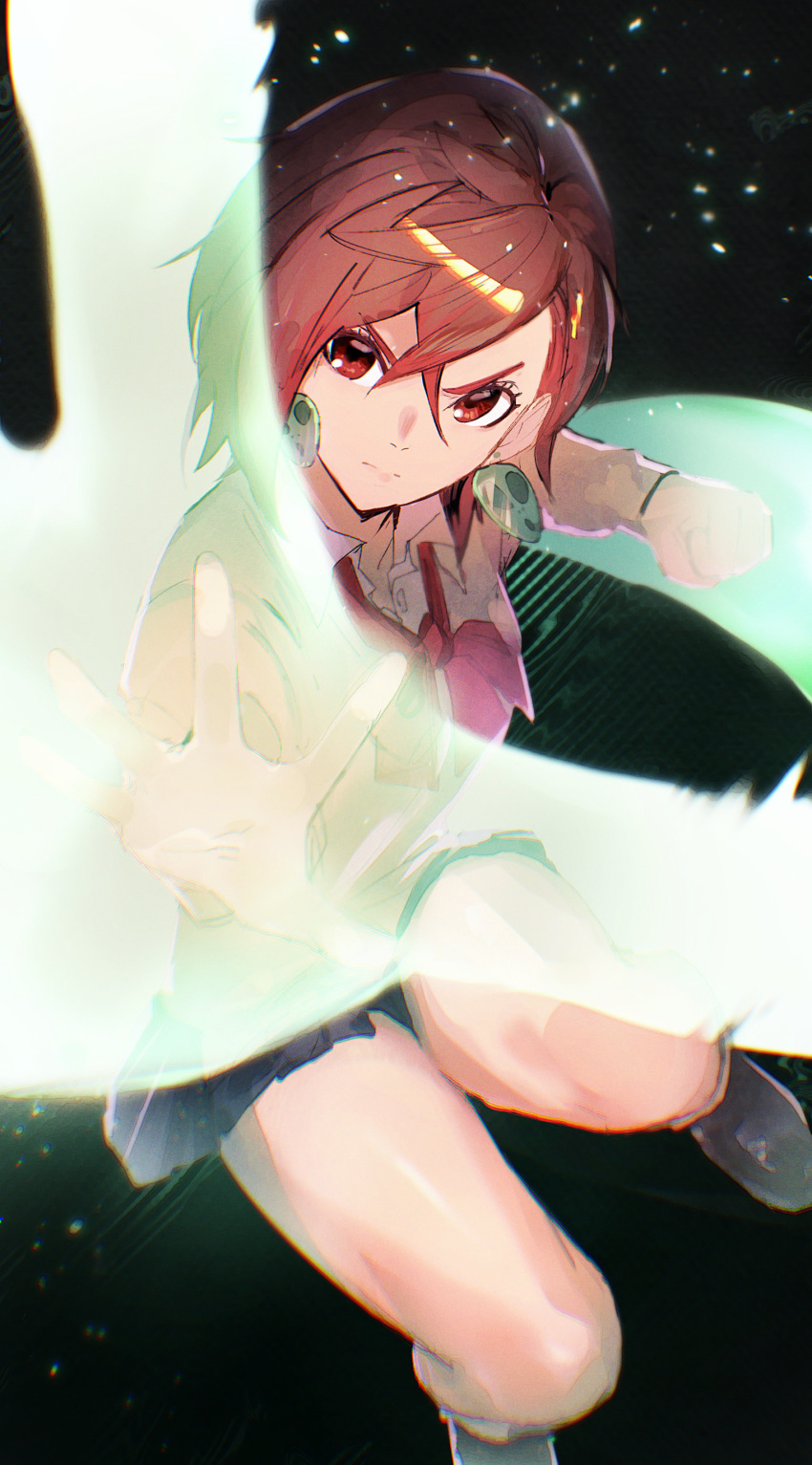 1girl, absurdres, ayase_momo, blue_skirt, bow, brown_eyes, brown_hair, clenched_hand, dandadan, earrings, energy, highres, jewelry, lupo_(lupoyorosiku), pink_sweater, red_bow, skirt, solo, sweater