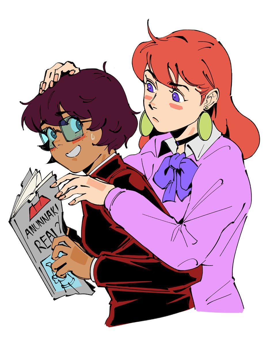 2girls, ahoge, ayase_momo, ayase_momo_(cosplay), blush, cosplay, crossover, dandadan, daphne_blake, earrings, english_text, gakuran, highres, holding, holding_magazine, jewelry, long_hair, magazine_(object), multiple_girls, officeanomaly, school_uniform, scooby-doo, short_hair, sweatdrop, takakura_ken_(dandadan), takakura_ken_(dandadan)_(cosplay), velma_dinkley, yuri