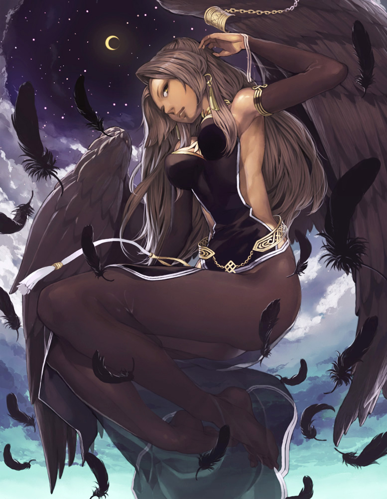 barefoot, brown_eyes, brown_hair, dark_skin, darkskin, detached_sleeves, earrings, feathers, jewelry, legs, long_hair, long_legs, mabinogi, moon, neamhain, nevan_(mabinogi), night, see-through, sky, solo, star, star_(sky), starry_sky, toro, wings