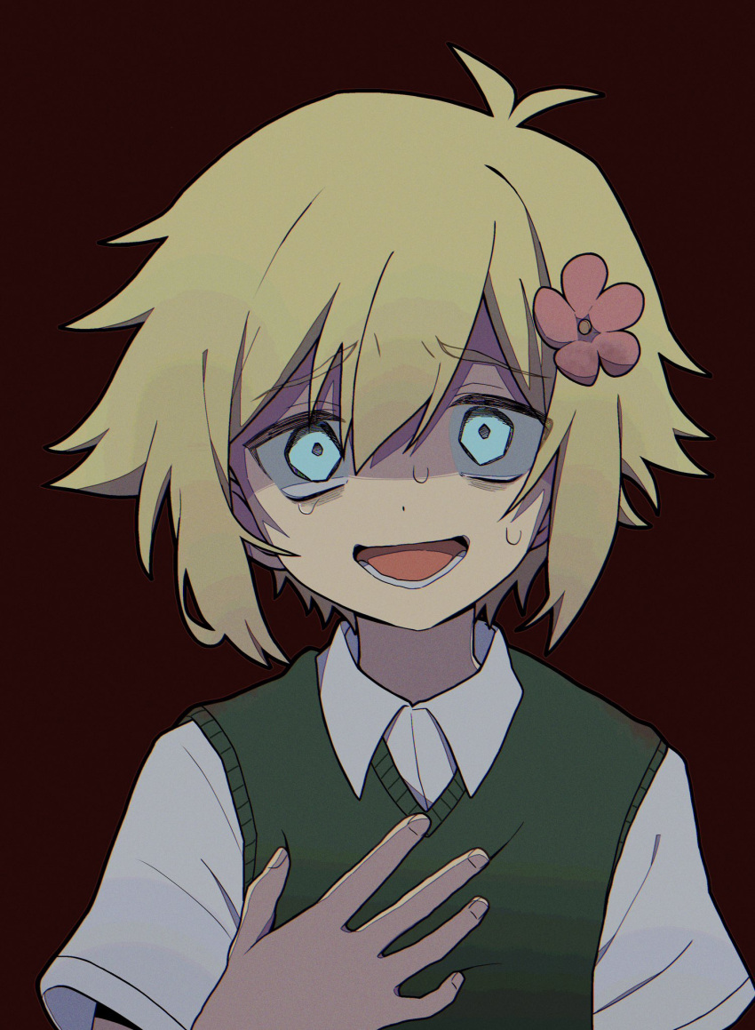 1boy, basil_(faraway)_(omori), basil_(omori), blonde_hair, blue_eyes, flower, green_sweater_vest, hair_flower