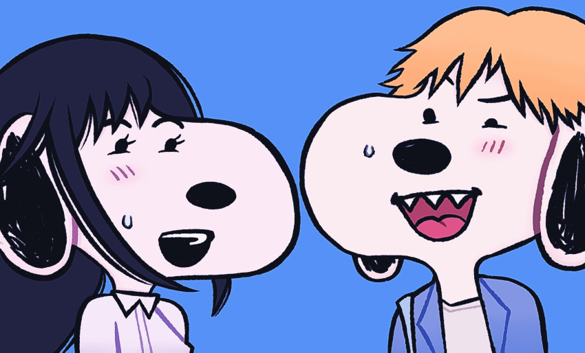 black_hair, blonde_hair, blue_jacket, bubblemunne, chainsaw_man, charles_schulz_(style), cosplay, denji_(chainsaw_man)