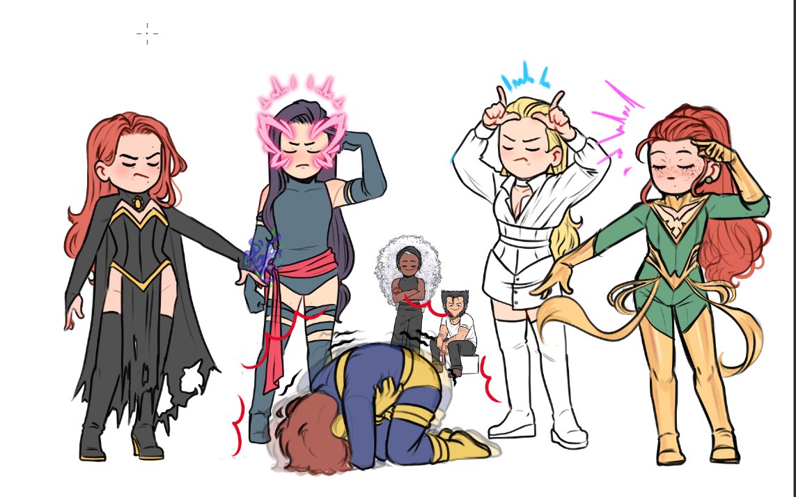 2boys, 5girls, afro, beard, blue_leotard, boots, cape, closed_eyes, cyclops_(x-men), dark-skinned_female, dark_skin, emma_frost, facial_hair, halter_leotard, halterneck, jean_grey, leotard, looking_at_another, madelyne_pryor, marvel, multiple_boys, multiple_girls, padawan_carol, pain, phoenix_(x-men), psychic, psylocke, red_sash, sash, storm_(x-men), waist_sash, wolverine_(x-men), x-men