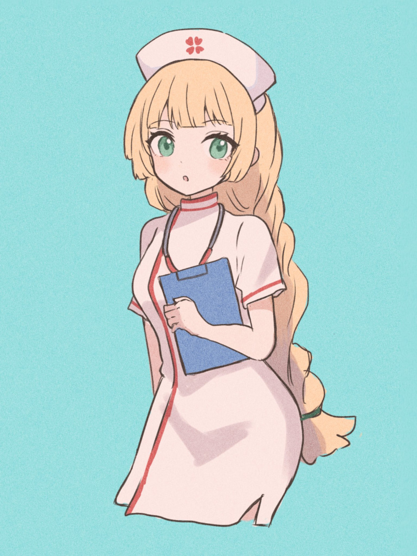 1girl, :o, alternate_costume, blonde_hair, blue_background, braid, clipboard, cropped_legs