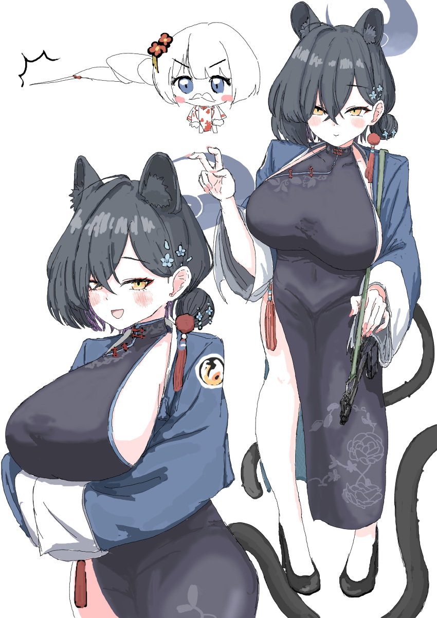 2girls, absurdres, animal_ear_fluff, animal_ears, black_dress, black_footwear, black_hair, blue_archive