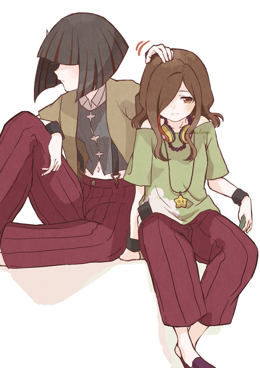 2girls, aged_down, arm_at_side, arm_support, bare_shoulders, bead_necklace, beads, black_hair