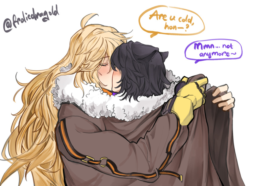 2girls, animal_ears, black_hair, blake_belladonna, blonde_hair, blush, brown_coat, cat_ears, closed_eyes, coat, commentary, english_commentary, english_text, frolicdragold, fur-trimmed_coat, fur_trim, kiss, long_hair, mechanical_arms, multiple_girls, rwby, shared_clothes, shared_coat, short_hair, simple_background, single_mechanical_arm, speech_bubble, twitter_username, upper_body, white_background, yang_xiao_long, yuri