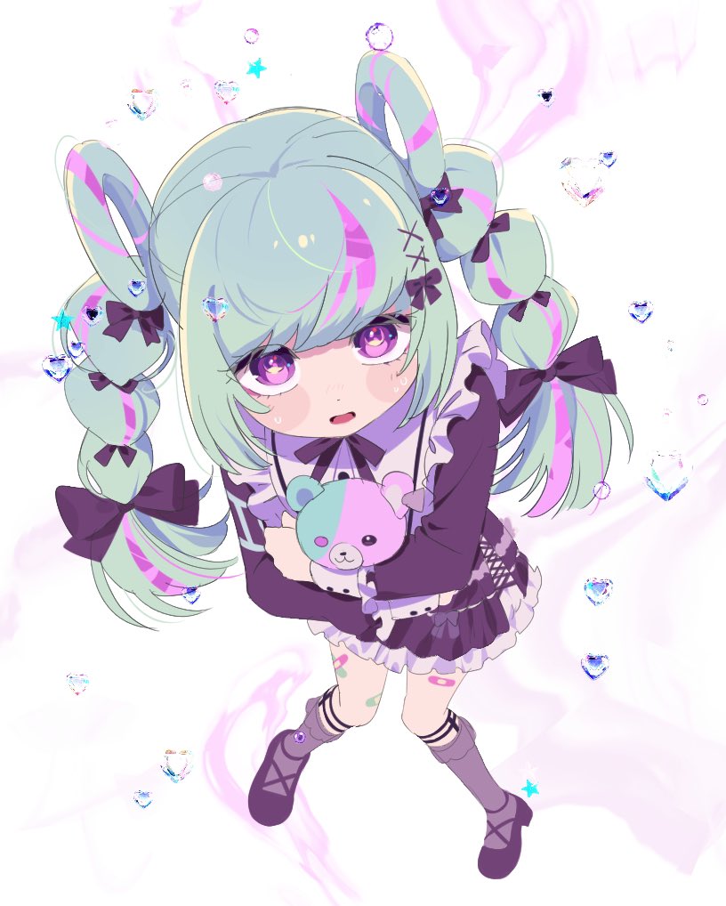 1girl, bandaid_on_thigh, black_dress, black_footwear, black_ribbon, dress, frilled_dress, frilled_shirt_collar