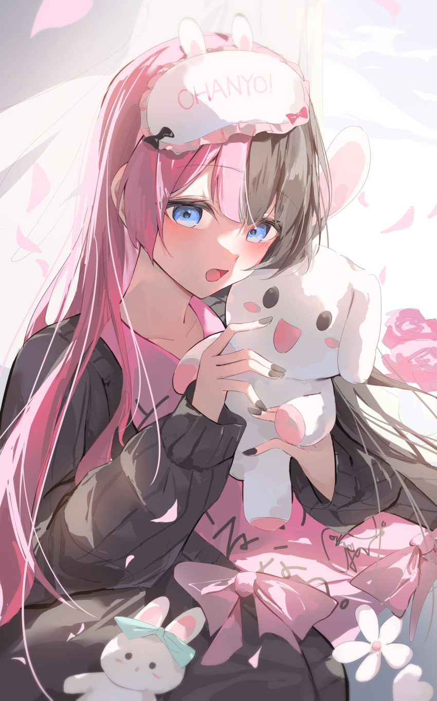 1girl, absurdres, black_cardigan, black_nails, blue_eyes, bow, brown_hair, cardigan