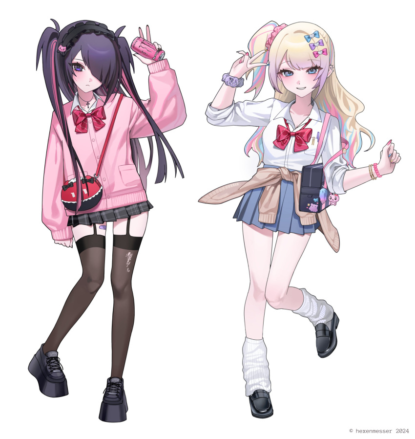 2girls, absurdres, alternate_costume, alternate_hairstyle, ame-chan_(needy_girl_overdose), artist_name, bag, bandaid, bandaid_on_leg, black_bag, black_hair, black_hairband, black_nails, black_skirt, black_thighhighs, blonde_hair, blue_bow, blue_eyes, blue_hair, blue_skirt, blush, boots, bow, bowtie, cardigan, cardigan_around_waist, charm_(object), choker, chouzetsusaikawa_tenshi-chan, closed_mouth, clothes_around_waist, collared_shirt, copyright_name, cowboy_shot, cross, drink, dual_persona, frown, garter_straps, grin, gyaru, hair_bow, hair_ornament, hair_over_one_eye, hairband, hand_up, hexenmesser, highres, holding, holding_drink, jewelry, lolita_hairband, long_hair, long_sleeves, looking_at_viewer, loose_bowtie, loose_socks, makeup, monster_energy, multicolored_hair, multiple_girls, nail_polish, necklace, needy_girl_overdose, one_side_up, phone, piercing, pink_bow, pink_hair, pink_nails, pink_sweater, plaid_bow, plaid_clothes, plaid_skirt, platform_boots, platform_footwear, pleated_skirt, purple_bow, purple_hair, red_bow, red_bowtie, school_bag, school_uniform, scrunchie, shirt, shirt_tucked_in, shoulder_bag, simple_background, skirt, smile, socks, standing, standing_on_one_leg, streaked_hair, sweater, teeth, thigh-highs, torn_clothes, twintails, two_side_up, v, very_long_hair, violet_eyes, white_background, white_shirt, wrist_scrunchie, x_hair_ornament, zettai_ryouiki