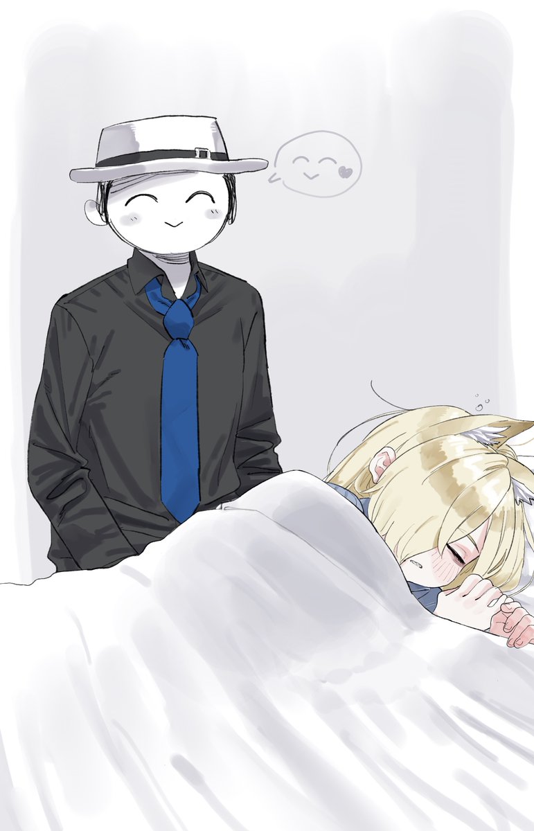 1boy, 1girl, animal_ear_fluff, animal_ears, annoyed, bags_under_eyes, black_shirt, blanket