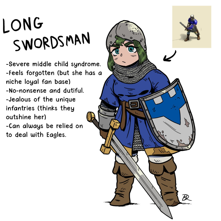 1boy, 1girl, age_of_empires_ii, armor, blue_eyes, boots, chainmail, dirty, dirty_clothes, english_text, green_hair, helmet, highres, kabewski, long_sword, longswordsman_(aoe2), shield, sword, tunic, weapon, white_background