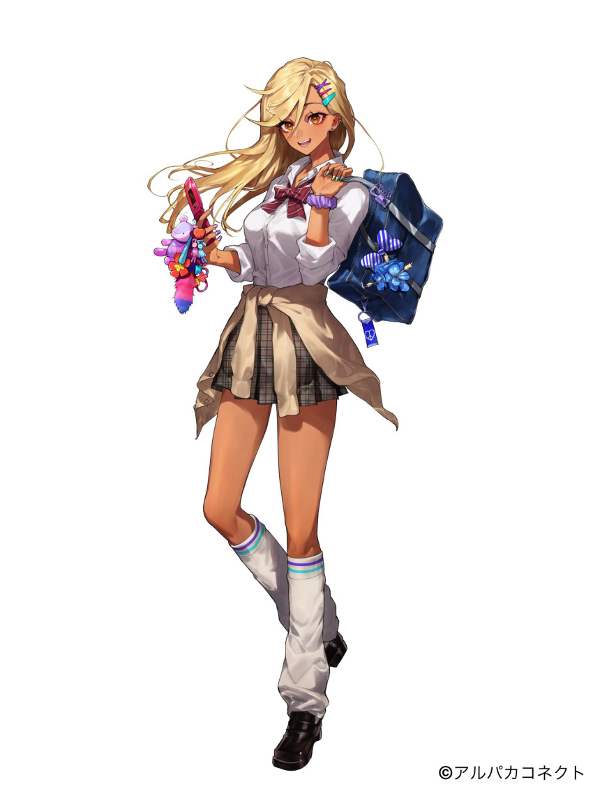 1girl, :d, bag, bag_charm, black_footwear, blonde_hair, blue_bag, bow