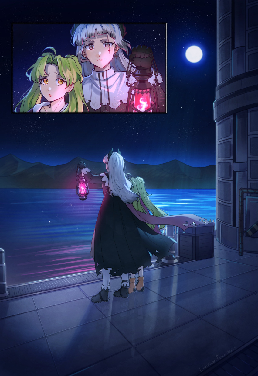 2girls, absurdres, ahoge, ao_no_kiseki, arknights, black_cloak, black_footwear, black_gloves