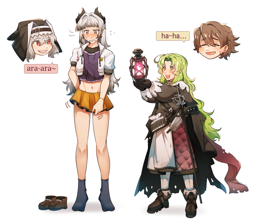 1boy, 3girls, absurdres, ahoge, ammunition_belt, ao_no_kiseki, arknights, black_cloak