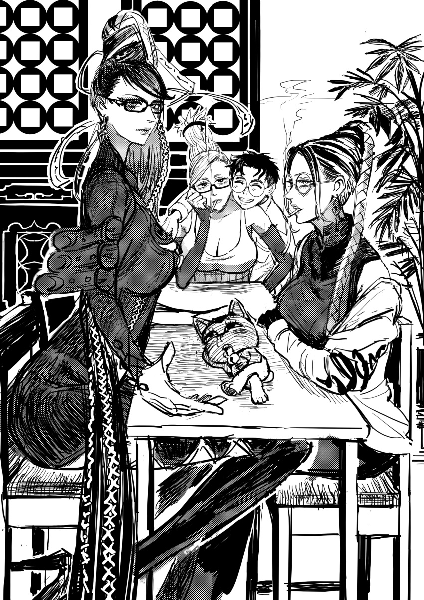 1boy, 4girls, absurdres, ayase_seiko, bayonetta, bayonetta_(series), cat, dandadan, glasses, gokurakugai, highres, mature_female, multiple_girls, old, old_woman, reiquant, table, takakura_ken_(dandadan), tall_female, tao_(gokurakugai), turbo_granny