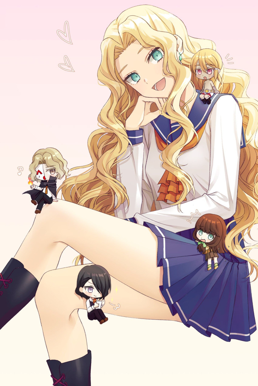 2girls, 3boys, bandaged_arm, bandages, belt, black_cape, black_footwear, black_hair